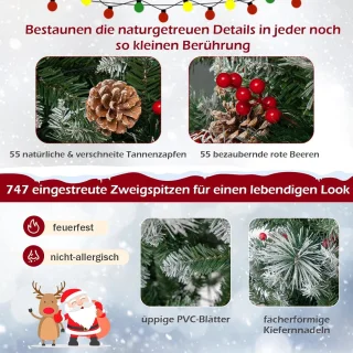 COSTWAY Kunstkerstboom, led, 180/210 cm, verlichte dennenboom met dennenappels, rode bessen en metalen standaard, 11 lichtmodi, kerstboom van pvc, kunstboom voor Kerstmis, groen (180 cm)