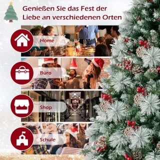 COSTWAY Kunstkerstboom, led, 180/210 cm, verlichte dennenboom met dennenappels, rode bessen en metalen standaard, 11 lichtmodi, kerstboom van pvc, kunstboom voor Kerstmis, groen (180 cm)