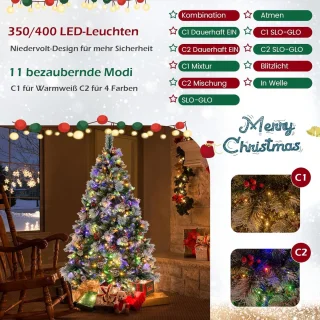 COSTWAY Kunstkerstboom, led, 180/210 cm, verlichte dennenboom met dennenappels, rode bessen en metalen standaard, 11 lichtmodi, kerstboom van pvc, kunstboom voor Kerstmis, groen (180 cm)