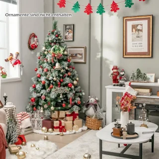 COSTWAY Kunstkerstboom, led, 180/210 cm, verlichte dennenboom met dennenappels, rode bessen en metalen standaard, 11 lichtmodi, kerstboom van pvc, kunstboom voor Kerstmis, groen (180 cm)