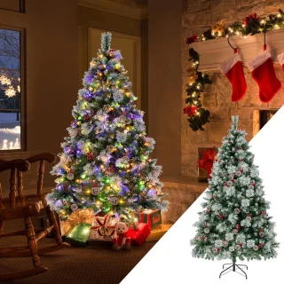 COSTWAY Kunstkerstboom, led, 180/210 cm, verlichte dennenboom met dennenappels, rode bessen en metalen standaard, 11 lichtmodi, kerstboom van pvc, kunstboom voor Kerstmis, groen (180 cm)