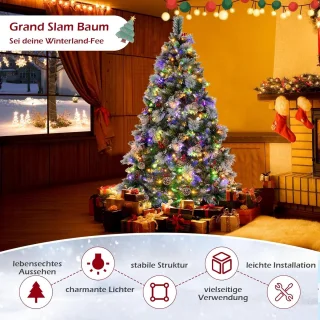 COSTWAY Kunstkerstboom, led, 180/210 cm, verlichte dennenboom met dennenappels, rode bessen en metalen standaard, 11 lichtmodi, kerstboom van pvc, kunstboom voor Kerstmis, groen (180 cm)