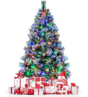 COSTWAY Kunstkerstboom, led, 180/210 cm, verlichte dennenboom met dennenappels, rode bessen en metalen standaard, 11 lichtmodi, kerstboom van pvc, kunstboom voor Kerstmis, groen (180 cm)