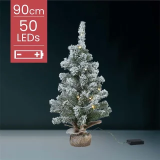 Everlands verlichte mini kerstboom - groen/wit - 90cm - met nepsneeuw - in jute zak - kunstboom/kunstkomen - kerstdecoratie - kerstversiering