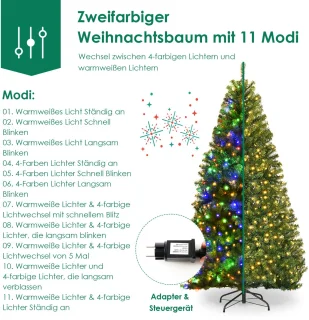 COSTWAY Kunstkerstboom met ledverlichting, 120/150/180/210 cm, met 11 lichtmodi en 5 kleurveranderingen, dennenboom met metalen standaard, pvc-naalden, kunstboom, klapsysteem, voor Kerstmis, groen, [Energieklasse F]