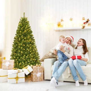 COSTWAY Kunstkerstboom met ledverlichting, 120/150/180/210 cm, met 11 lichtmodi en 5 kleurveranderingen, dennenboom met metalen standaard, pvc-naalden, kunstboom, klapsysteem, voor Kerstmis, groen, [Energieklasse F]