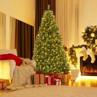 COSTWAY Kunstkerstboom met ledverlichting, 120/150/180/210 cm, met 11 lichtmodi en 5 kleurveranderingen, dennenboom met metalen standaard, pvc-naalden, kunstboom, klapsysteem, voor Kerstmis, groen, [Energieklasse F]