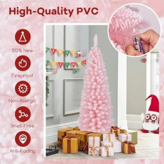 Roze Kunstkerstboom 150 cm - Opvouwbare Dunne Potlood Kerstboom met 328 Takken en Sneeuw Effect voor Binnenhuisdecoratie