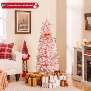 Roze Kunstkerstboom 150 cm - Opvouwbare Dunne Potlood Kerstboom met 328 Takken en Sneeuw Effect voor Binnenhuisdecoratie