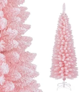 Roze Kunstkerstboom 150 cm - Opvouwbare Dunne Potlood Kerstboom met 328 Takken en Sneeuw Effect voor Binnenhuisdecoratie