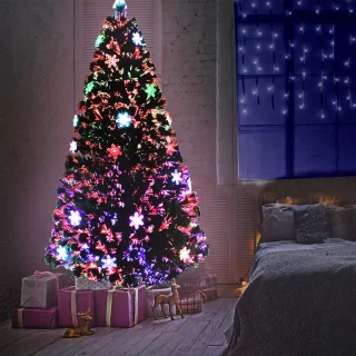 NAIZY Kunstkerstboom met verlichting 180cm Groene PVC Decoratieve Kerstboom Kerstdecoratie met Standaard en sneeuwvlokdecoraties, Kleurrijke Dennennaalden + Sneeuwvlokken