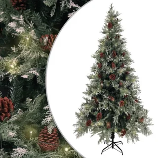 vidaXL - Kerstboom - met - LED - en - dennenappels - 225 - cm - PVC - en - PE - groen - en - wit