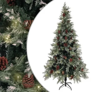 vidaXL - Kerstboom - met - LED - en - dennenappels - 225 - cm - PVC - en - PE - groen - en - wit