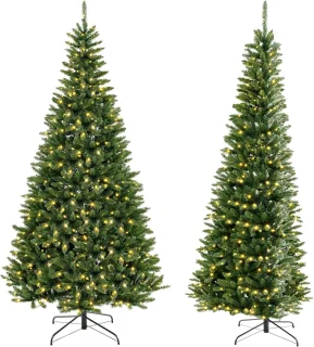 COSTWAY Kunstkerstboom van 240 cm met verlichting voor hoek van 270 graden, dennenboom met 360 warmwitte ledlampen, kerstboom met scharnierstructuur, kunstboom voor thuis