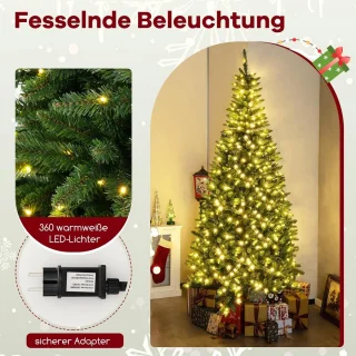 COSTWAY Kunstkerstboom van 240 cm met verlichting voor hoek van 270 graden, dennenboom met 360 warmwitte ledlampen, kerstboom met scharnierstructuur, kunstboom voor thuis