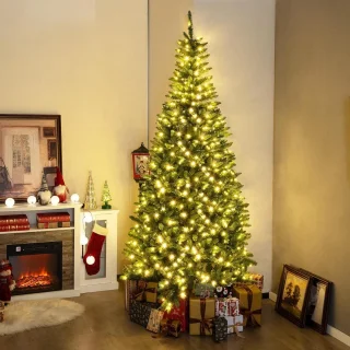 COSTWAY Kunstkerstboom van 240 cm met verlichting voor hoek van 270 graden, dennenboom met 360 warmwitte ledlampen, kerstboom met scharnierstructuur, kunstboom voor thuis