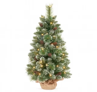 Mini Kerstboom 70 cm met LED Verlichting en Timerfunctie – Kunstkerstboom met Sneeuw & Dennenappels – Compacte Tafelkerstboom met Linnen Voet – Warmwitte LED, Batterijwerking