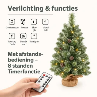 Mini Kerstboom 70 cm met LED Verlichting en Timerfunctie – Kunstkerstboom met Sneeuw & Dennenappels – Compacte Tafelkerstboom met Linnen Voet – Warmwitte LED, Batterijwerking