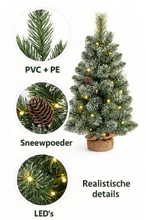 Mini Kerstboom 70 cm met LED Verlichting en Timerfunctie – Kunstkerstboom met Sneeuw & Dennenappels – Compacte Tafelkerstboom met Linnen Voet – Warmwitte LED, Batterijwerking