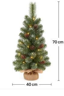Mini Kerstboom 70 cm met LED Verlichting en Timerfunctie – Kunstkerstboom met Sneeuw & Dennenappels – Compacte Tafelkerstboom met Linnen Voet – Warmwitte LED, Batterijwerking