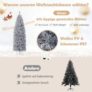 COSTWAY Kunstkerstboom van 180 cm Scharnierende Slanke Kerstboom met 250 Koelwitte LED-Verlichting 475 Takpunten en Metalen Voet