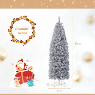 COSTWAY Kunstkerstboom van 180 cm Scharnierende Slanke Kerstboom met 250 Koelwitte LED-Verlichting 475 Takpunten en Metalen Voet