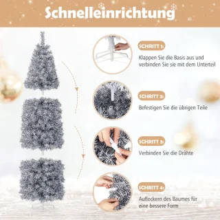 COSTWAY Kunstkerstboom van 180 cm Scharnierende Slanke Kerstboom met 250 Koelwitte LED-Verlichting 475 Takpunten en Metalen Voet