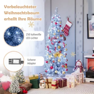 COSTWAY Kunstkerstboom van 180 cm Scharnierende Slanke Kerstboom met 250 Koelwitte LED-Verlichting 475 Takpunten en Metalen Voet