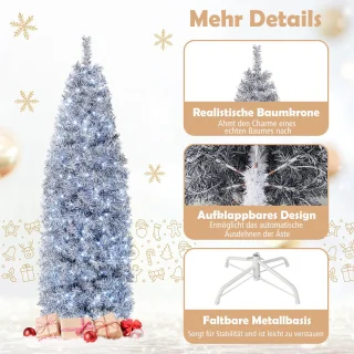 COSTWAY Kunstkerstboom van 180 cm Scharnierende Slanke Kerstboom met 250 Koelwitte LED-Verlichting 475 Takpunten en Metalen Voet