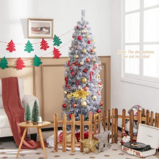 COSTWAY Kunstkerstboom van 180 cm Scharnierende Slanke Kerstboom met 250 Koelwitte LED-Verlichting 475 Takpunten en Metalen Voet