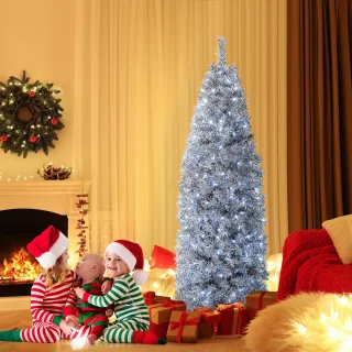 COSTWAY Kunstkerstboom van 180 cm Scharnierende Slanke Kerstboom met 250 Koelwitte LED-Verlichting 475 Takpunten en Metalen Voet