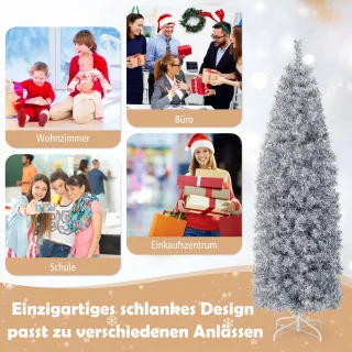 COSTWAY Kunstkerstboom van 180 cm Scharnierende Slanke Kerstboom met 250 Koelwitte LED-Verlichting 475 Takpunten en Metalen Voet