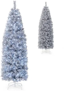 COSTWAY Kunstkerstboom van 180 cm Scharnierende Slanke Kerstboom met 250 Koelwitte LED-Verlichting 475 Takpunten en Metalen Voet
