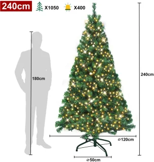 Kunstkerstboom Met LED-Verlichting 2,4m - Realistische PVC Takken Met Sneeuw-Effect - Kindveilig & Brandveilig - Inclusief Standaard