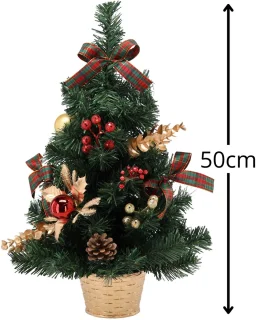 KLEINE Kunstkerstboom, rood-goud in pot, VERSIERD 50 cm