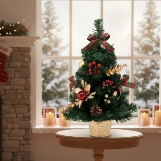 KLEINE Kunstkerstboom, rood-goud in pot, VERSIERD 50 cm