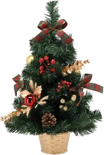 KLEINE Kunstkerstboom, rood-goud in pot, VERSIERD 50 cm