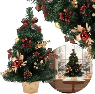 KLEINE Kunstkerstboom, rood-goud in pot, VERSIERD 50 cm