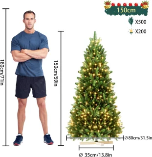Aufun Kunstkerstboom dennenboom kunstgroen PVC met LED-verlichting, levensechte spuitgietelementen edelspar snel op te bouwen, incl. kerstboomstandaard, 150cm
