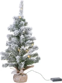 Everlands verlichte mini kerstboom - 2x stuks - groen/wit - 90cm - nepsneeuw - in jute zak - kunstboom/kunstkomen - kerstdecoratie - kerstversiering