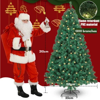 Kunstkerstboom met verlichting, 210 cm dennenboom met 400 warm-witte ledlampen, 1200 gemengde takken, kerstboom, kunstboom voor Kerstmis, groen