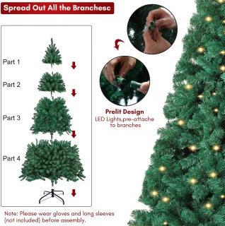 Kunstkerstboom met verlichting, 210 cm dennenboom met 400 warm-witte ledlampen, 1200 gemengde takken, kerstboom, kunstboom voor Kerstmis, groen