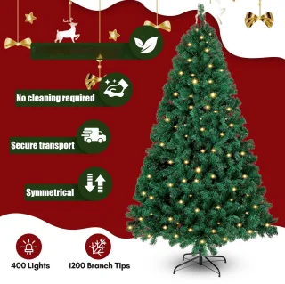 Kunstkerstboom met verlichting, 210 cm dennenboom met 400 warm-witte ledlampen, 1200 gemengde takken, kerstboom, kunstboom voor Kerstmis, groen