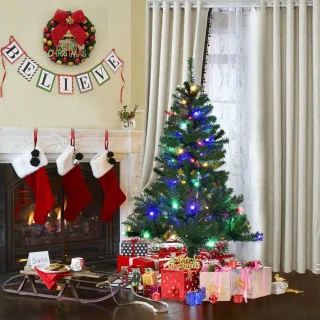 Kunstkerstboom met ledverlichting, 120/150/180/210 cm, met 11 lichtmodi en 5 kleurveranderingen, dennenboom met metalen standaard, pvc-naalden, kunstboom, klapsysteem, voor Kerstmis, groen