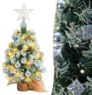 Mini kunst kerstboom - 40 cm - met LED lampjes - warm wit - kunstboom - Zilver
