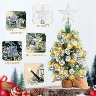 Mini kunst kerstboom - 40 cm - met LED lampjes - warm wit - kunstboom - Zilver