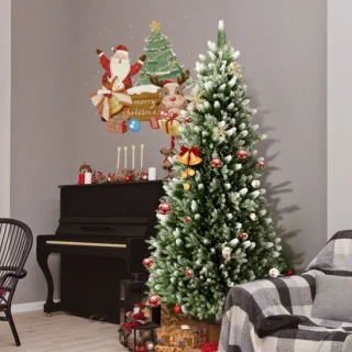 Aufun 180cm Kunstkerstboom dennenboom kunstgroen PVC met decoratieve sneeuw, edelspar snel op te bouwen, brandvertragend, incl. kerstboomstandaard, natuurlijk wit besneeuwd