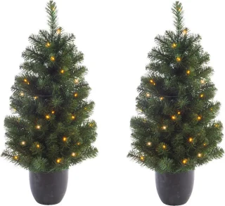 2x stuks kunstbomen/kunst kerstbomen met verlichting 90 cm - Kunst kerstboompjes/kunstboompjes met kerstverlichting