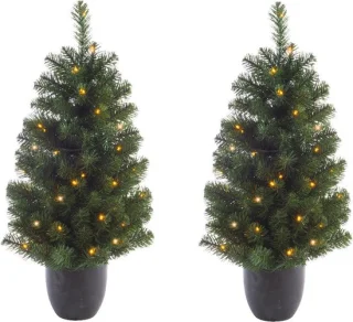 2x stuks kunstbomen/kunst kerstbomen met verlichting 90 cm - Kunst kerstboompjes/kunstboompjes met kerstverlichting