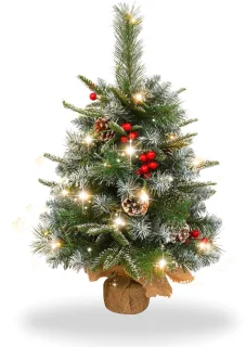 Aufun 60 cm Kunstkerstboom Tafelkerstboom Kleine kerstboom Dennenboom Kerstdecoratie Boom met LED-lichtketting met batterijdoos en voet (Sneeuwvlokken, rode bessen)